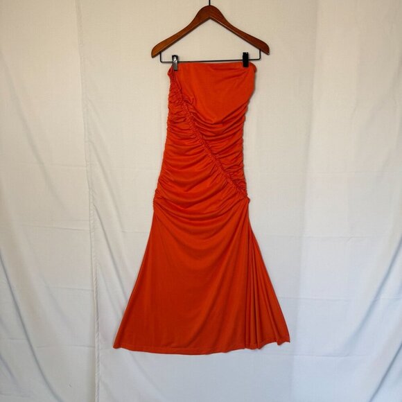 Anthropologie The Gabbie Terra Cotta Strapless Ruched Tube Midi Dress Size Small - Picture 4 of 17